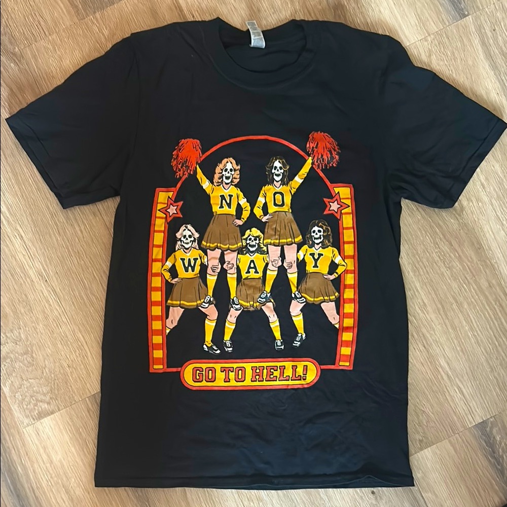 “No Way, Go To Hell!” Skeleton Cheer Graphic Tee, Gildan Soft Women’s Size Small